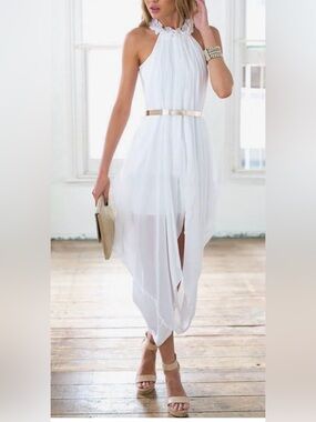 Chiffon High-Low Halter Maxi Dress in White with Metallic Belt